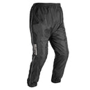 A pair of black Oxford Rainseal motorcycle rain pants with reflective details.